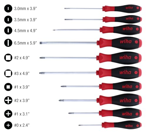 Wiha 30290 SoftFinish Grip ScrewDriver Set, Slotted 3.0-6.5, Phillips Number 0 -2 and Square Number 1-3, 10-Piece Set - style: 10 Pieces