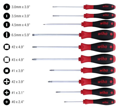 Wiha 30290 SoftFinish Grip ScrewDriver Set, Slotted 3.0-6.5, Phillips Number 0 -2 and Square Number 1-3, 10-Piece Set - style: 10 Pieces
