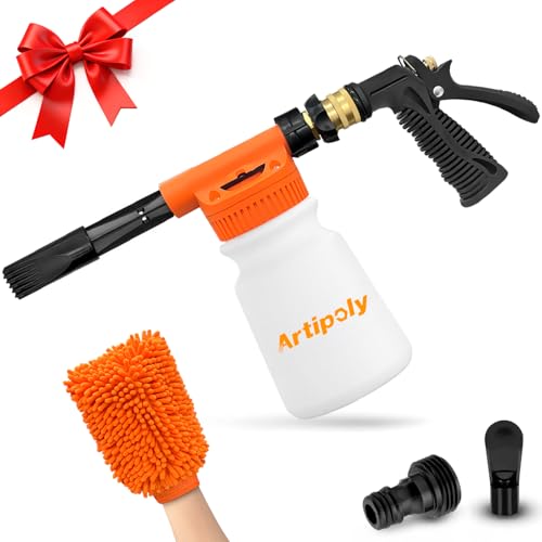 ARTIPOLY Car Wash Foam Gun + Microfiber Wash Mitt - Car Foam Sprayer - Foam Cannon for Hose - Spray Gun Cleaner - Snow Blaster for Cars, Boats, RVs, Foam Cannon Connects to Any Garden Hose - color: Orange_Upgraded
