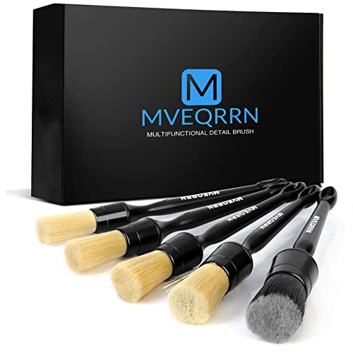 MVEQRRN 5pcs Car Detailing Brush Set,Boar Hair Detailing Brushes | Ultra Soft ,Scratch-Free,Auto Detail Brush for Leather Seats,Detail Brushes Car Detailing for Interior Exterior - color: Black