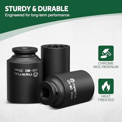 1/2" Drive Axle Nut Socket Set, 12 Point Spindle Impact Socket | 10Pcs Deep Impact Socket Set 14/17/19/30/32/34/35/36/38/39mm for DIY Car, Heavy Equipment Maintenance, Auto - size: 10pcs-1/2"