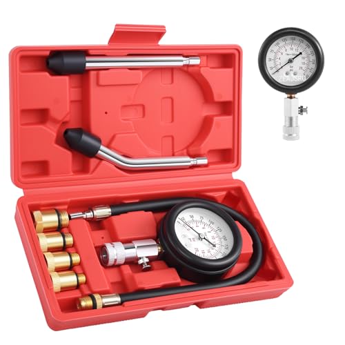 Engine Compression Tester Kit 8PCS, 0-300 PSI Cylinder Pressure Test Tool for Gasoline Engines on Cars, Motorcycles, ATVs & Small Engines with Dual Scale Gauge and Adapters (Red-8PC)