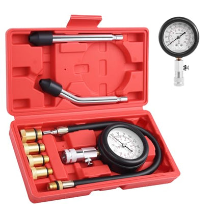 Engine Compression Tester Kit 8PCS, 0-300 PSI Cylinder Pressure Test Tool for Gasoline Engines on Cars, Motorcycles, ATVs & Small Engines with Dual Scale Gauge and Adapters (Red-8PC)