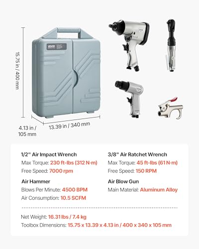 VEVOR 50 Pieces Pro Air Tool and Accessories Kit - 1/2" Air Impact Wrench, 3/8" Ratchet Wrench, 4500BPM Hammer, Blow Gun & Full Accessories for Auto Repairs, Home DIY Projects - with Storage Case - style: 50 Pieces