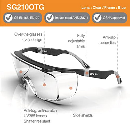 DEX FIT Safety Glasses Over Eyeglasses SG210 - Anti-Fog & Scratch Resistant Z87.1 Certified, Adjustable Temples, Side Shields, UV Protection, Clear Lens PPE for Men & Women; Black & Gray, 6 Pack - color: Black/Gray - Clear, size: 6 Pack