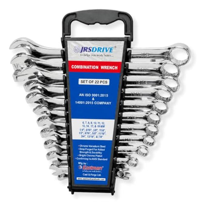 22 Piece Combination Wrench Set SAE & Metric Tool Kit CR-V Steel Mechanic Tool Set with Wrench Organizer Pro Tools for Tool Box Pipe Wrench & Torque Wrench Compatible 1/4" to 7/8" & 8-22mm