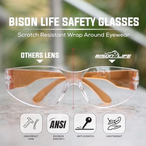 BISON LIFE Clear Safety Glasses – ANSI Z87.1 Certified Scratch & Impact Resistant Eye Protection Goggles for Men & Women - color: Clear/Orange