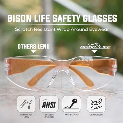 BISON LIFE Clear Safety Glasses – ANSI Z87.1 Certified Scratch & Impact Resistant Eye Protection Goggles for Men & Women - color: Clear/Orange