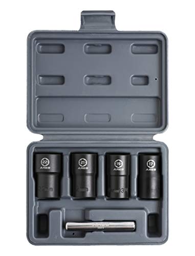 ARES 59013-5-Piece Damaged Lug Nut Remover Socket Set - 17, 19, 21, and 22mm Sockets, 12mm Steel Bar – Twist Lug Nut Extractor Tool– Storage Case