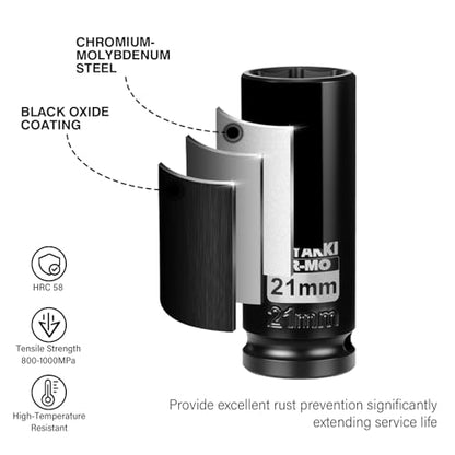 1/2" Drive 21mm Deep 6 Pt CR-MO Metric Impact Socket for Axle Nuts - size: 21mm, style: 1/2" Drive Deep