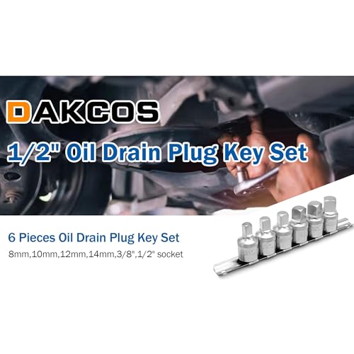 DAKCOS Oil Drain Plug Key Set, 1/2" Drive, 6 Pcs Oil Service Socket Set Metric 8mm/10mm/12mm/14mm, 3/8" 1/2", CR-V - size: 1/2" | 6 PC