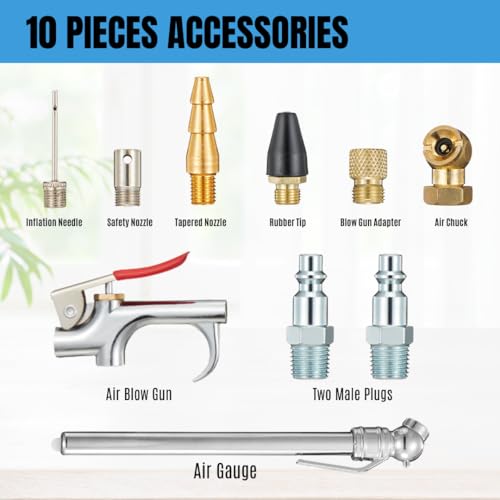 1/4-Inch Quick-Connect Air Compressor Accessory Kit with Coiled Hose | Blow Gun, Tire Gauge, Air Chuck, Coiled Hose, Quick-Connect Fittings, Tire Inflation, Cleaning and Workshop Use