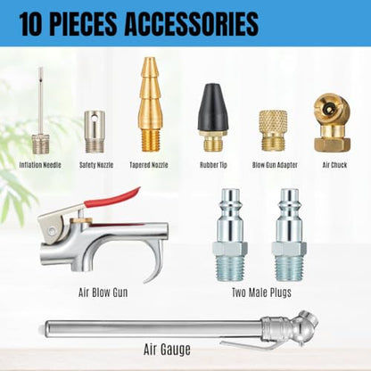 1/4-Inch Quick-Connect Air Compressor Accessory Kit with Coiled Hose | Blow Gun, Tire Gauge, Air Chuck, Coiled Hose, Quick-Connect Fittings, Tire Inflation, Cleaning and Workshop Use