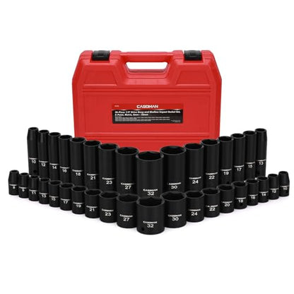 CASOMAN 36-Piece 1/2” Drive Metric Deep and Shallow Impact Socket Set, 6-Point, CR-V, for Auto Repair, with Portable Case, Rugged Construction - size: 1/2"Dr. Metric