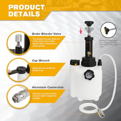 3L Manual Brake Bleeder Kit, Brake Bleeder Fluid Pump with 1L Brake Fluid Bleed Bottle for Most European Brake Mast Cylinder Reservoirs One Person Brake Bleed Vacuum Pump