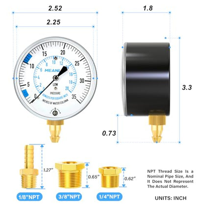 MEANLIN MEASURE 0-35” WC Manifold Gas Pressure Test Kit, Pressure Gauge Kit for Natural Gas or LP Gas with 40" Feet Hose, 1/8” NPT Fitting with Barbed Connection and Hex Bushing - style: 0-35” WC