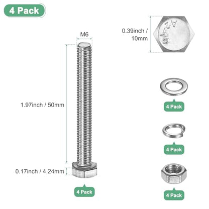 M METERXITY 4-Pack Hex Head Screw Bolt with Nuts Flat & Lock Washers M6x50mm Stainless Steel Bolts and Nuts Kit Fully Threaded Metric Bolt Assortment for Equipment/Machinery - size: M6 x 50mm