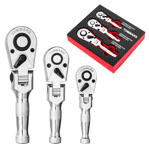 TOMMARS Flex Head Stubby Ratchet Set, 1/4", 3/8", 1/2" Socket Wrench Kit | Mechanic Hand Tool, Flexible, 72 Tooth 5-degree swing arc, Quick Release, Reversible - size: 1/4", 3/8", 1/2" Drive, style: Flex Head Stubby Ratchet Set