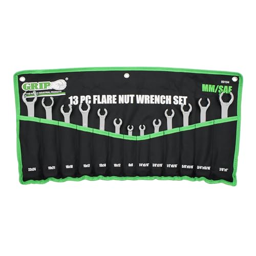 Grip 13 pc Complete Flare Nut Wrench Set Metric & SAE - Chrome Vanadium Steel - 15 degree offset - Storage Pouch - 6mm x 8mm up to 22mm x 24mm, 1/4" x 5/16" up to 7/8" x 1"