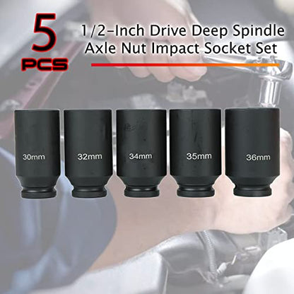 5PCS 1/2 Inch Drive Deep Spindle Axle Nut Impact Socket Set | 12 Point Metric, CR-MO, 30mm 32mm 34mm 35mm 36mm