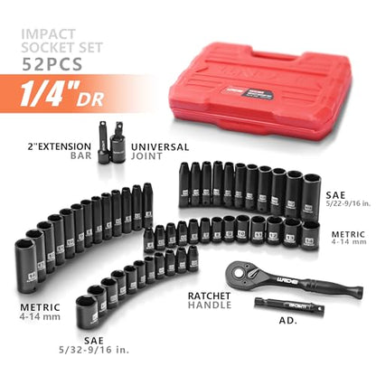 LLNDEI 1/4”Drive Impact Socket Set, 52 PCS Mechanic Tool Set with 72-Tooth Ratchet & Adapter, CR-V, Metric and SAE Sockets Storage Kit for Household Automotive Repair DIY Project - size: 1/4" Socket Set