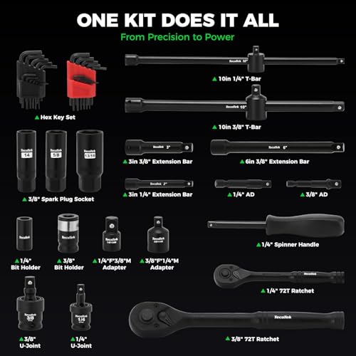 TecoTek 1/4" & 3/8" Dr. Impact Socket Set, 189 Piece Socket Wrench Set Mechanic Tools, Metric and SAE Full Set, CR-V, Deep & Shallow Socket with Ratchet Handle, Spark Plug Socket, Bits for Mechanic - size: 189-Piece 1/4" & 3/8" Drive Socket Set