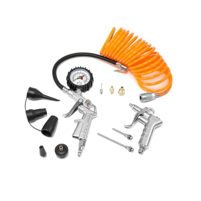 Air Compressor Accessory Kit Includes Blow gun, Air Compressor Hose,a Tire Inflator Gauge, and Various Adapter Attachments