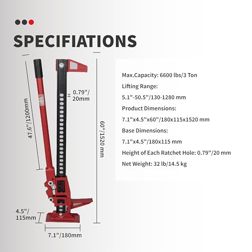 Maxority 3-Ton (6000 lbs) Capacity 60 in. Cast Iron Ratcheting Off-Road Utility Farm Jack Ideal for Car/Truck/ATV/SUV/Tractor