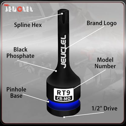 RT9 Spline Bit Socket, 1/2" Drive Spline Hex 6 Point Impact Socket | 3-Inch, Cr-Mo Steel, Lengthen Screwdriver Adapter for Electric Ratchet Wrenches, Fastening Screws, Socket Wrench, Head Drill - size: RT9