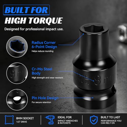 2PCS 8mm Impact Socket 1/2" Drive, 6 Point Metric Shallow Socket, CR-V Steel Heavy Duty Impact Wrench Socket for Automotive Repair - size: 8mm