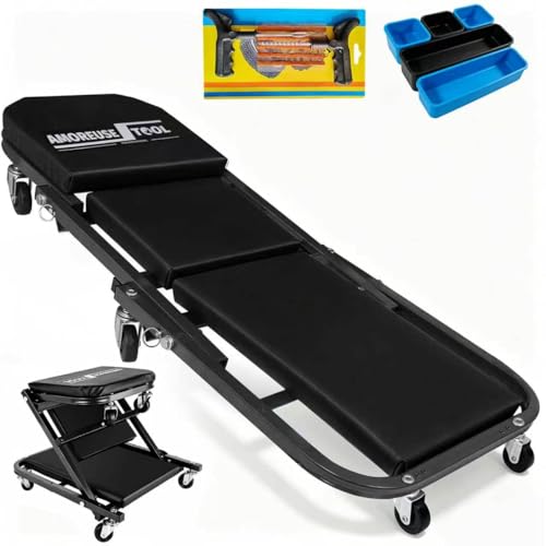 36" Folding Creeper with Tire Kit & 5 Boxes, 330 LBS, 6 Casters | Steel folding creeper converts to seat. Low 4.5" profile. Folds flat. 6 swivel casters. - color: Black with Tire Kit & Storage