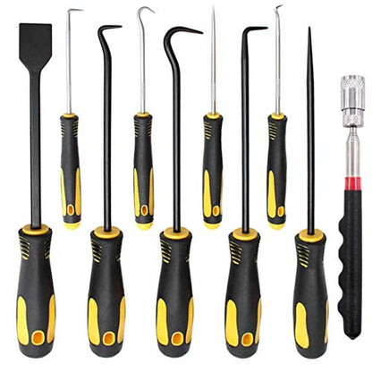 10Pcs Precision Pick & Hook Set with Scraper and Magnetic Telescoping Tool Kit Mechanic Hook Picks Tools Set for Remove Automotive Electronics Maintenance Hoses Gasket Hand Pick Up Tools