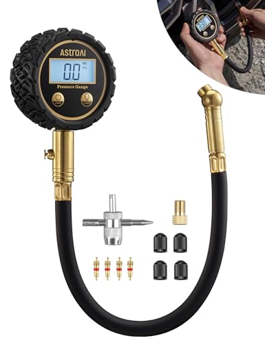 AstroAI Tire Pressure Gauge for Cars with Backlit LED, Solid Brass with Rubber Hose, Air Bleeder Valve, ANSI B40.7 Grade 2A(±0.5%), 3-250PSI - size: 3-250PSI