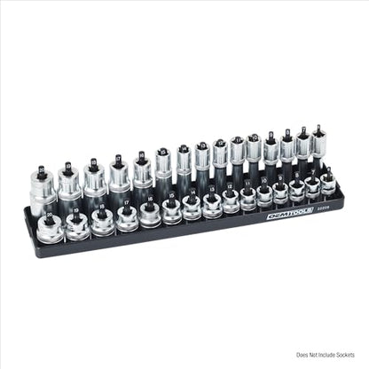 OEMTOOLS 22209 3/8" Metric Socket Organizer, 3/8 Socket Organizer for Deep and Shallow Sockets, Labeled Posts, Dual Rail, Holds 6 mm to 20 mm - size: 3/8"