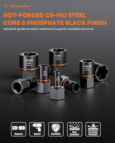 Crosstar 15 PCS Impact Bolt Extractor Set, 3/8" Drive SAE/Metric Cr-Mo Sockets (1/4"-3/4") for Stripped, Rusted, Frozen & Rounded-Off Bolts, Nuts, Screws & Studs - size: 15Pcs Set