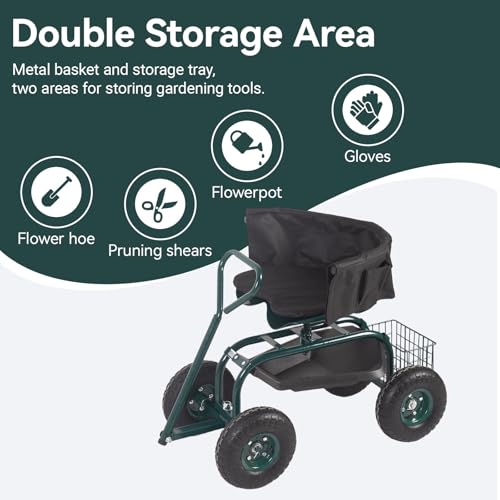 Kinfant Garden Seat with Ergonomic Backrest – Rolling Garden Stool with Height Adjustable & 360° Swivel Seat with Wheels, Gardening Cart Bench, Tool Storage, for Yard, Patio Green - color: With Backrest-green