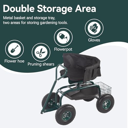 Kinfant Garden Seat with Ergonomic Backrest – Rolling Garden Stool with Height Adjustable & 360° Swivel Seat with Wheels, Gardening Cart Bench, Tool Storage, for Yard, Patio Green - color: With Backrest-green