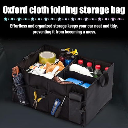 Car Trunk Organizer, Foldable Multi-Compartment Vehicle Console Trunk Storage Box, Collapsible Automotive Interior Grocery Cargo Organizer, Universal Fit (Black)