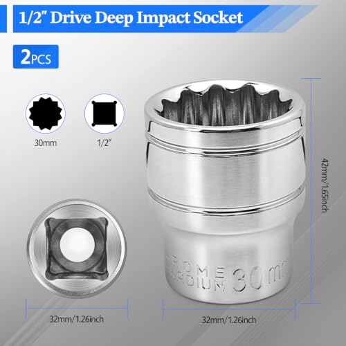 2 Pcs 1/2" Drive 30mm Shallow Impact Socket | Anti-Rounding 12 Point Design, Square Chamfered Opening, Easy Removal of Axle Nut - color: Shallow, size: 30mm