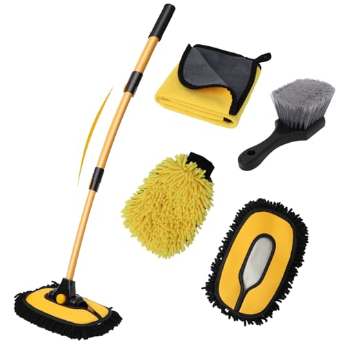 Car Wash Brush with Long Handle, 15°Curved Car Cleaning Brush with Replaceable Head Cover, Truck Washing Brushwith Telescopic Handle Wash Mop Kit 5PCS - color: Yellow