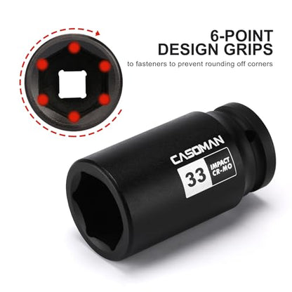 CASOMAN 3/4" Drive 33 mm Axle Nut Impact Socket, CR-MO, 6 Point Deep Impact Socket (33MM) for Easy Removal of Axle Shaft Nuts - size: 3/4-Inch Drive