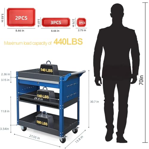 Tool Cart,440LBS Service Cart,4-Tier Tool Cart on Drawers,Hooks,Parts Box and Locking System for Warehouse,Garage,Workshop - size: Blue