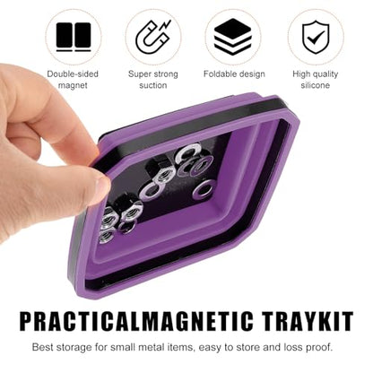 Yourkar Collapsible Magnetic Parts Tray, 4.5 Inch Foldable Magnetic Square Silicone Tray, Tool Tray Set with Double-Sided Magnetic Base for Screw Bolts Nuts Pins, Car Accessories (Purple) - color: Purple, 1 PCS