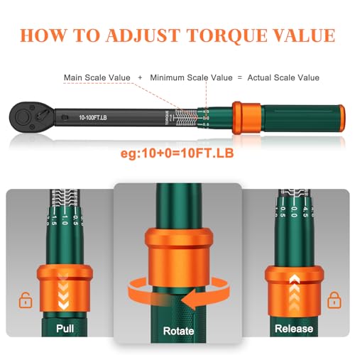 3/8" Click Torque Wrench, 10-100 Ft-Lb, 72-Tooth, ±3% Accuracy | Dual Direction Reversible Ratchet Head, Quick Release, for Spark Plug, Brake Caliper, Motorcycle, Automotive & Engine Repair - size: 10-100 ft.lb（3/8-Inch）