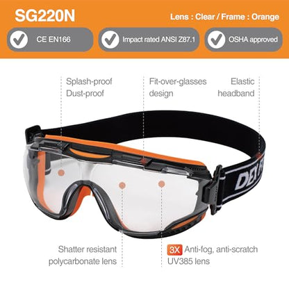 DEX FIT Safety Goggles SG220, Wide-Vision Lab & Chemical Splash Eye Protection, Anti-Fog & Scratch Resistant, Soft Seal, Z87.1 Approved; Black/Orange, Clear Lens, 30mm Strap, 1 PC - color: Black/Blue - Orange - 30mm