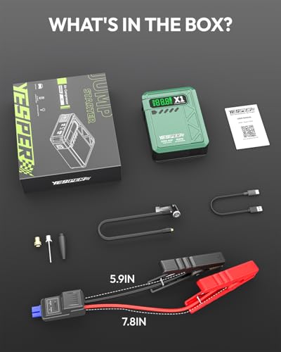 YESPER Jump Starter with Air Compressor 2000A 150PSI Battery Jumper Starter Portable(8L Gas/6L Diesel), 12V Car Jump Pack Battery Charger Jump Box with Jumper Cables, LCD Display, Lights - color: Green