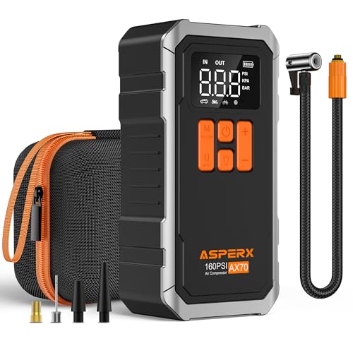 AsperX 160PSI Tire Inflator Portable Air Compressor for Car/Moto/Bike/Ball | 160 PSI Rapid Inflation, 10000mAh Larger Capacity, 4+N Smart Modes, LED Light, Auto-stop, Exquisite Handbag - color: Black&silver
