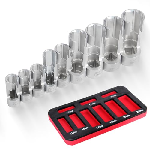 9 PCS Flare Nut Socket Set, (10-22mm) Diesel Injector Fuel Line Socket Set for Wired Temperature Sensors, Thermo Switches, Bent Pipe, EGT Sensor