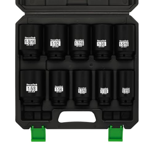 TecoTek 1/2" Drive Deep 6-Point Impact Socket Set, 10-Piece Deep SAE Spindle Axle Nut Impact Socket Set, Cr-Mo, 1-1/16-Inch to 1-5/8-Inch Size, Enhanced Storage Case - size: 1-1/16" to 1-5/8"