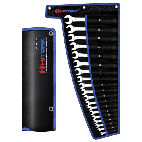 HITORK 19 Piece Metric Combination Wrench Set (6–24mm) Cr-V Steel Mirror Chrome Finish 12-Point Box End, 15° Offset, Roll-Up Pouch – Durable Open End Wrench Set for Home, Garage & Auto Repair - style: 19 Piece Set Metric